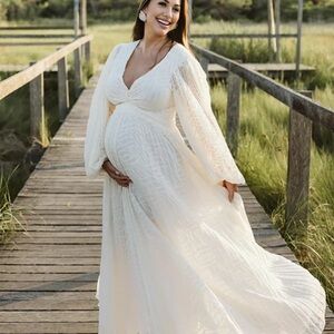 Ivory Maternity Maxi Dress with Long Puff Sleeves